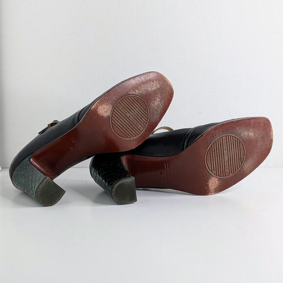 Chie Mihara T-Strap Heels 40 Black Green Snakeskin Accent Retro Glam Pinup Shoes - Picture 11 of 15